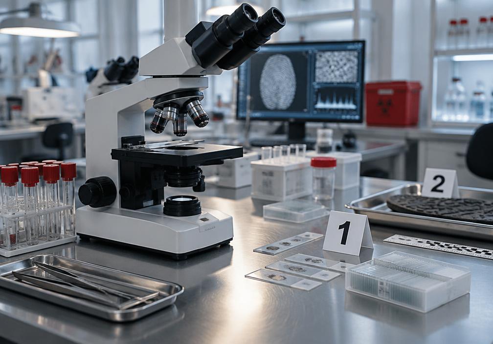 Microscopio e strumenti in un laboratorio forense